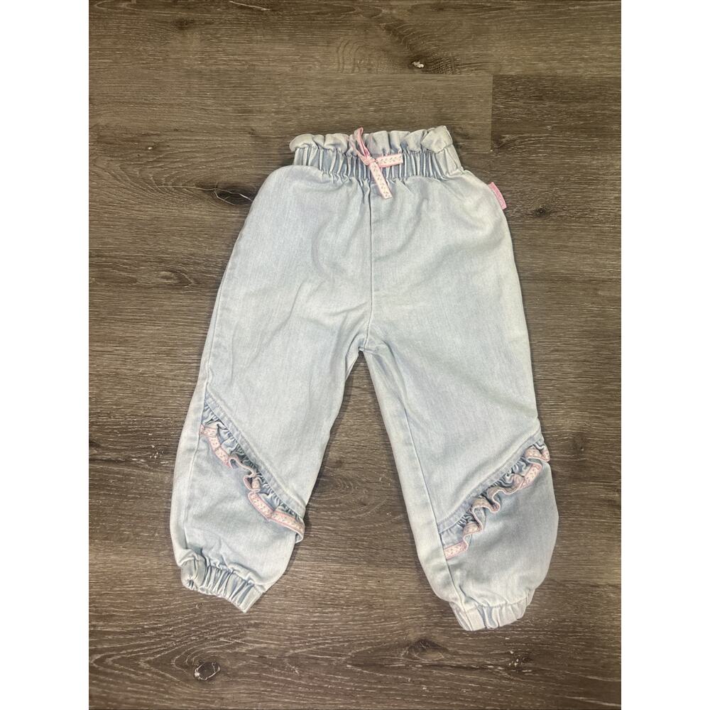 VTG 80s EJ Gitano Toddler Girls Jeans 2T Light Wash Paperbag Waist Lace Ruffle